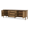 Pollard Media Console Tan Oak Veneer Angled View Open Doors 234976-002