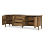 Pollard Media Console Tan Oak Veneer Angled View Open Doors 234976-002