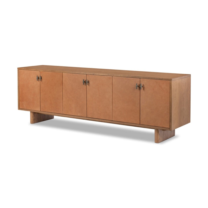 Posada Media Console Amber Oak Veneer Angled View Four Hands