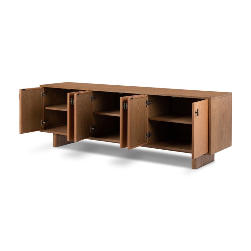 Posada Media Console Amber Oak Veneer Angled Open Cabinets Four Hands