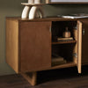 Four Hands Posada Media Console Amber Oak Veneer Staged View Open Doors