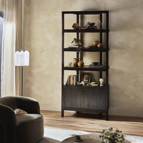 Reza Bookcase Worn Black Acacia Staged View Four Hands