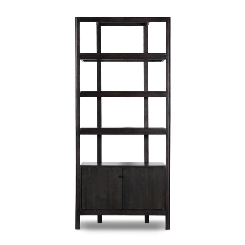 Four Hands Reza Bookcase Worn Black Acacia Front Facing View