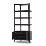 Reza Bookcase Worn Black Acacia Angled View Open Cabinets 239791-002