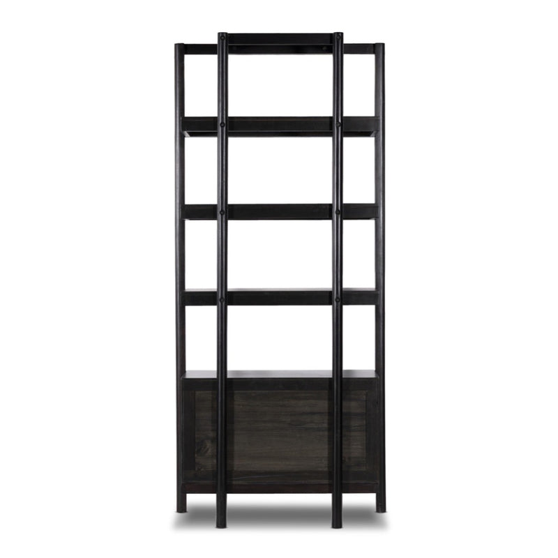 Reza Bookcase Worn Black Acacia Back View Four Hands