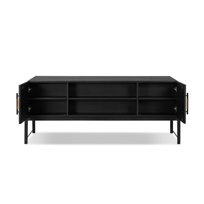 Four Hands Rosedale Executive Desk Ebony Oak Veneer Front Facing View Open Drawers