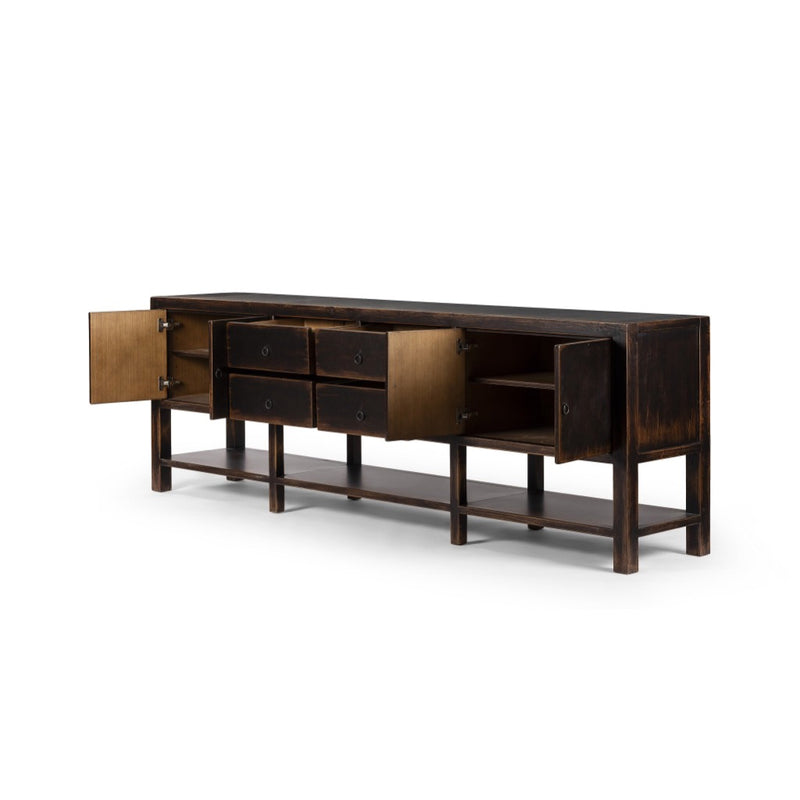 Shizuko Sideboard Distressed Walnut Angled View Open Doors 238772-001