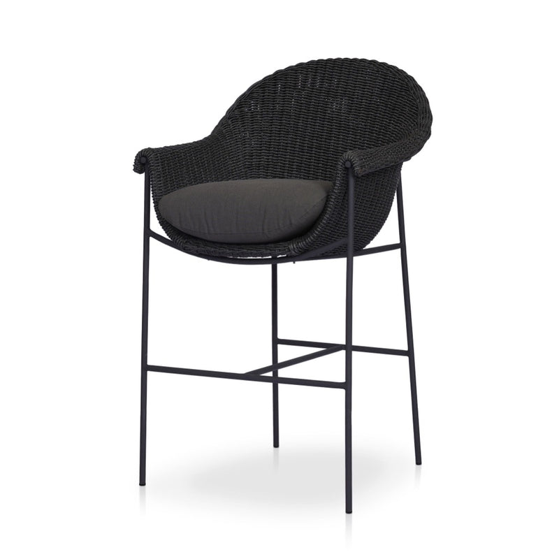 Suerte Outdoor Bar Stool Faux Black Hyacinth Angled View Four Hands