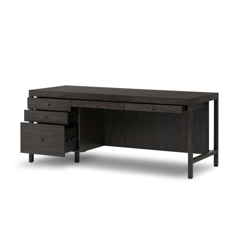 Suspension Desk Smoked Black Veneer Angled View Open Drawers 235487-002