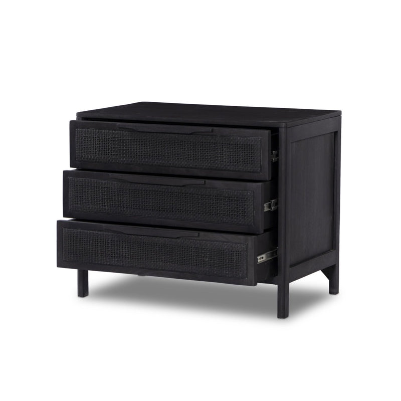 Four Hands Sydney Large Nightstand Black Wash Angled View Open Drawers