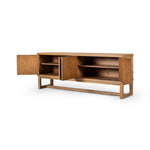 Tamara Media Console Worn Oak Veneer Angled View Open Doors 243664-001