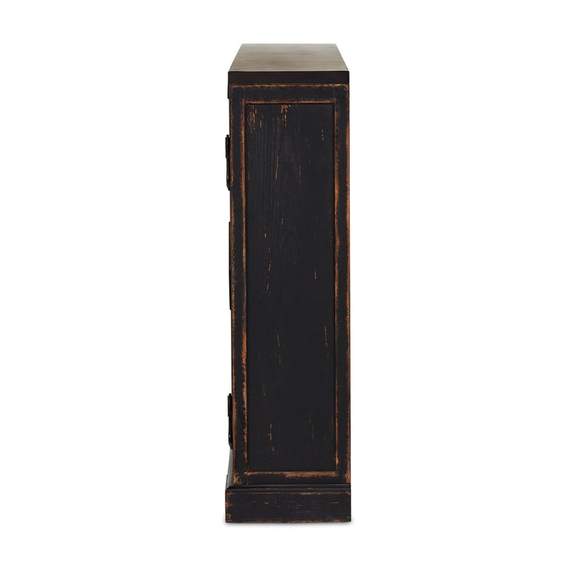 The Humptulips River Moonshine Cabinet Distressed Burnt Black Veneer Side View