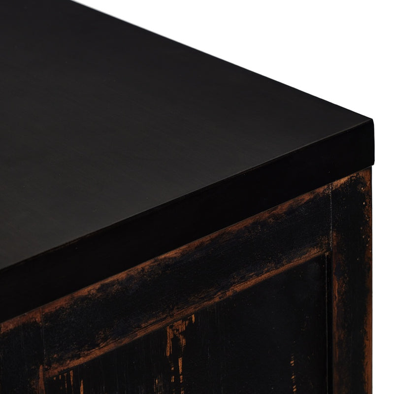 The Humptulips River Moonshine Cabinet Distressed Burnt Black Veneer Top Corner Detail