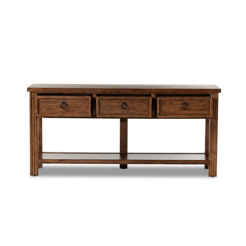 Lazy Monsieur Partouche Table Distressed Brown Veneer Front Facing View Open Drawers 238729-002