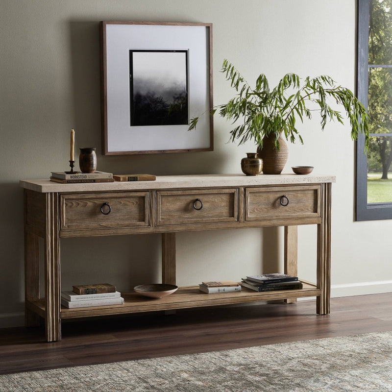 The Lazy Monsieur Partouche Table Travertine Staged View in Living Room Van Thiel 238729-001