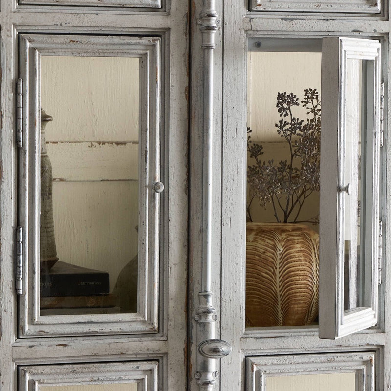 The "You Will Need a Lot Of Hinges" Cabinet Distressed Grey Blue Open Cabinet Staged 238292-002