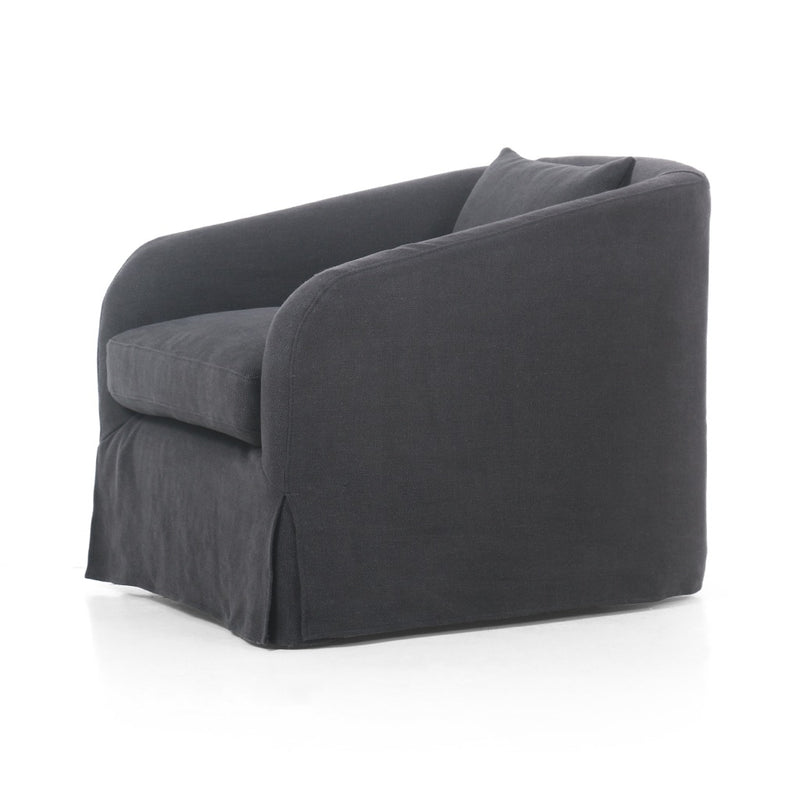 Topanga Slipcover Swivel Chair Flanders Navy Angled View Four Hands