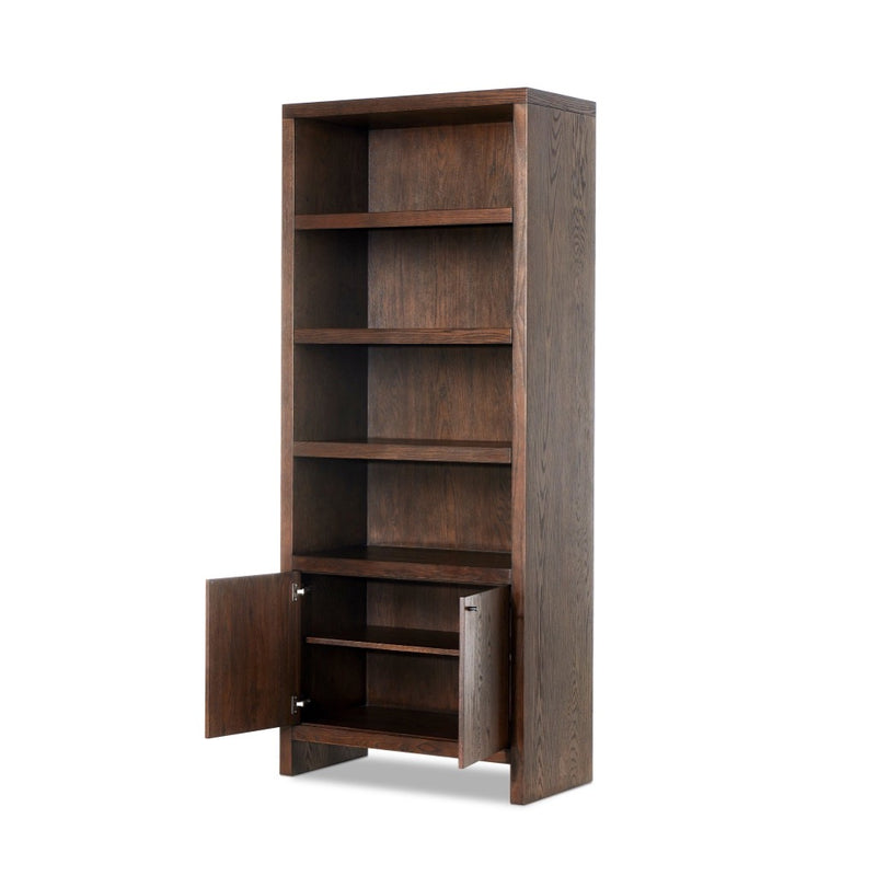 Torrington Bookcase Umber Oak Veneer Angles View Doors Open Four Hands