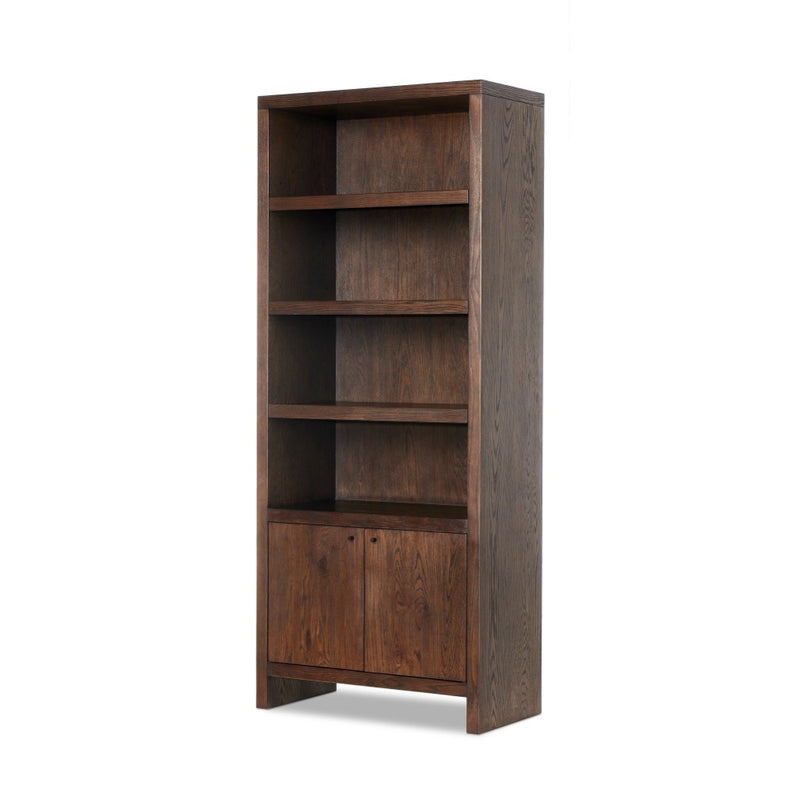 Torrington Bookcase Umber Oak Veneer Angled View Four Hands