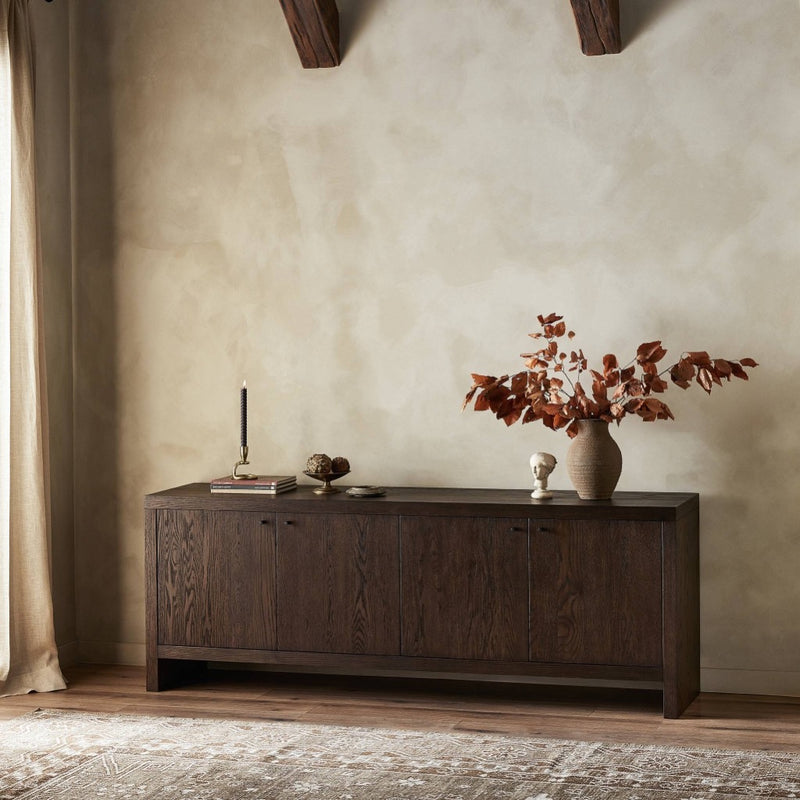 Torrington Sideboard Umber Oak Veneer Staged View in Living Room Four Hands