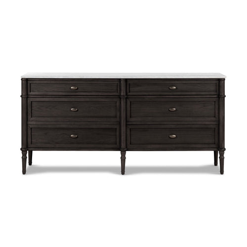 Toulouse 6 Drawer Dresser Distressed Black w/ Polished White Marble Font Facing View 238116-002