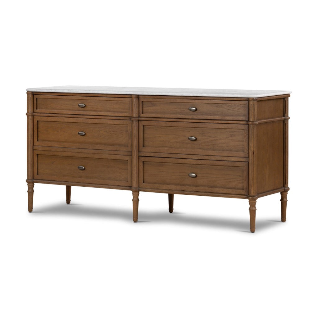 Toulouse 6 Drawer Dresser Toasted Oak w/ Polished White Marble Angled View Four Hands