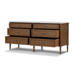 Four Hands Toulouse 6 Drawer Dresser Toasted Oak w/ Polished White Marble Angled View Open Drawers