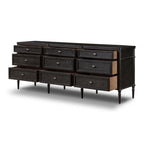 Toulouse 9 Drawer Dresser Distressed Black Oak Angled View Open Drawers 232860-002