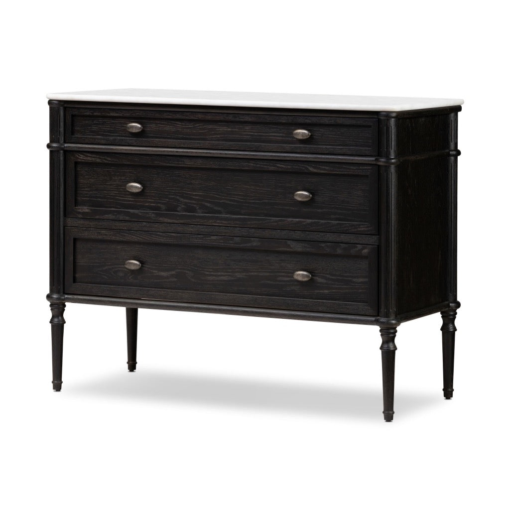 Toulouse Chest Distressed Black w/ Polished White Marble Angled View Four Hands