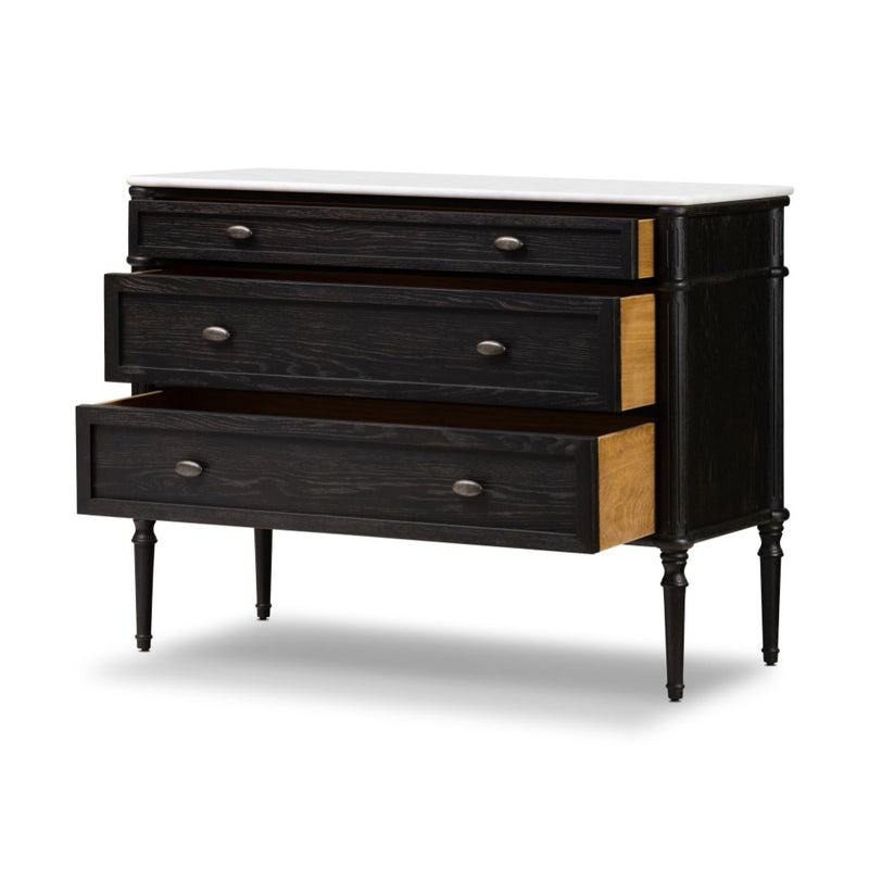 Toulouse Chest Distressed Black w/ Polished White Marble Angled View Open Drawers 238119-002