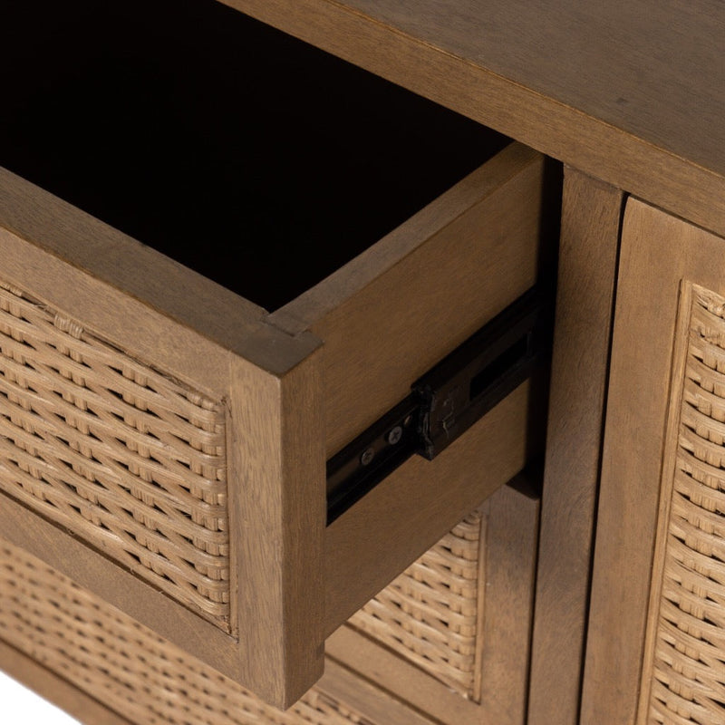 Four Hands Veta Media Console Taupe Cane Interior Drawers