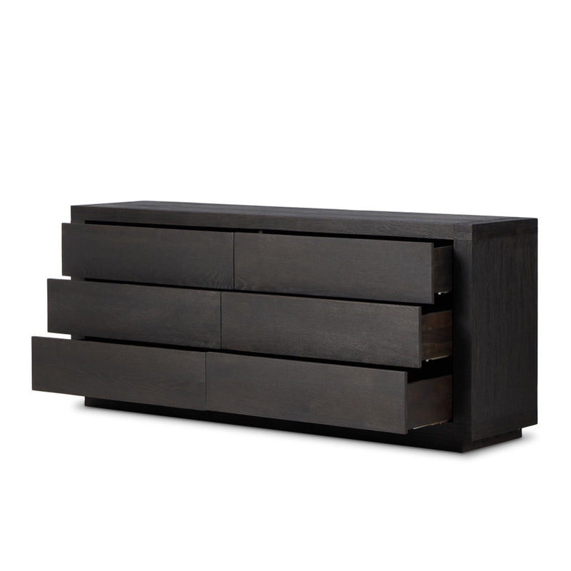 Warby 6 Drawer Dresser Worn Black Veneer Angled View Open Drawers 235361-003