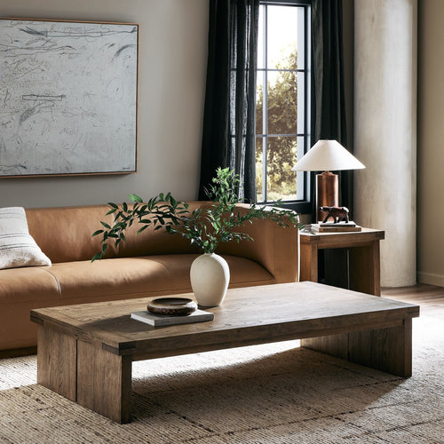 Warby Coffee Table Worn Oak Veneer Staged View in Living Room Four Hands