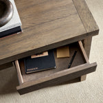 Warby Desk Worn Oak Veneer Open Drawer Staged View Four Hands