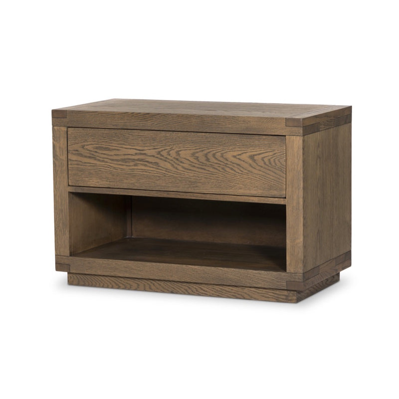 Warby Nightstand Worn Oak Veneer Angled View Four Hands