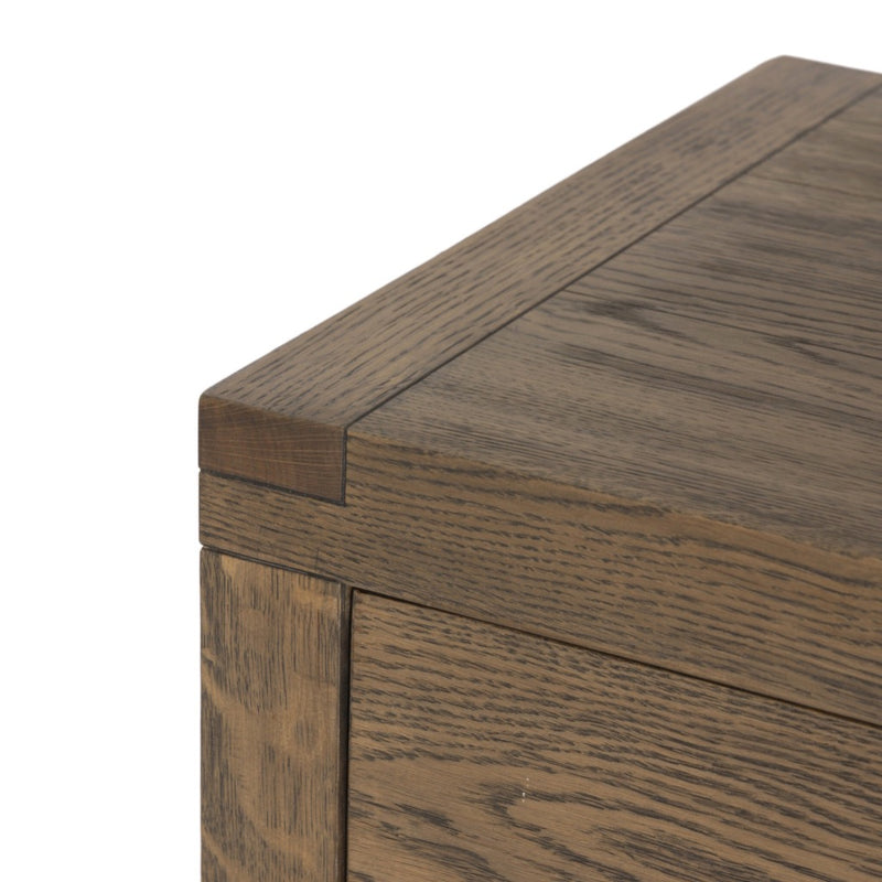 Warby Nightstand Worn Oak Veneer Wood Corner Detail Four Hands