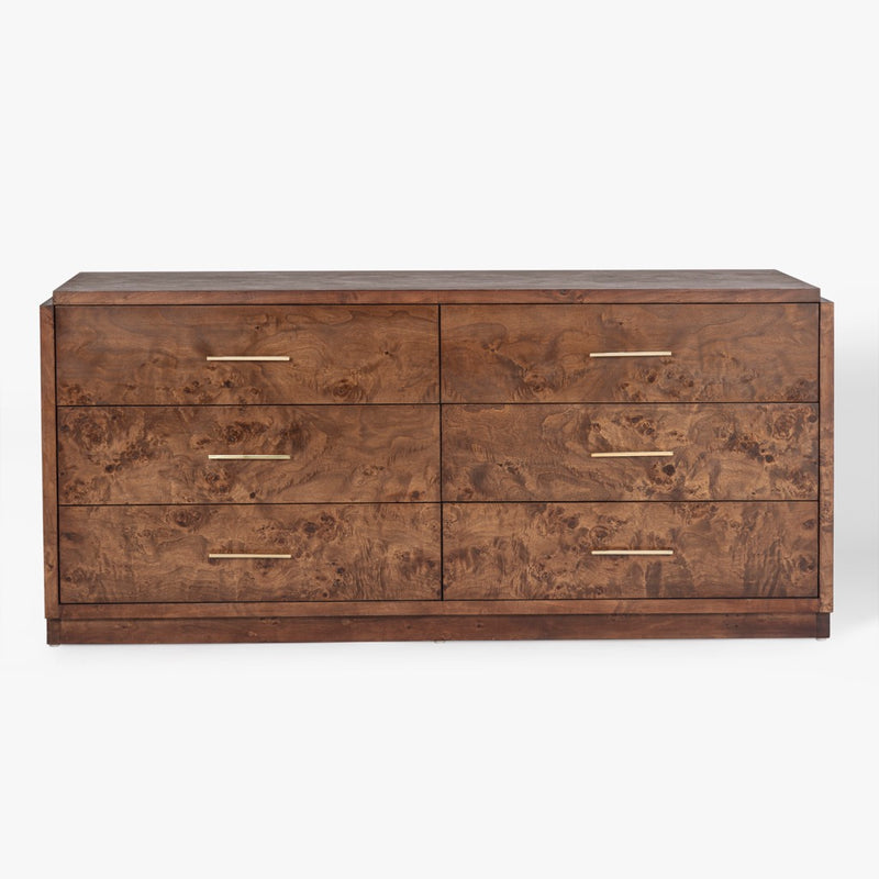 Wesley 6 Drawer Burl Dresser Dark Brown Front Facing View CH-1001692-IN02-FN-BD-DR-DB-OS