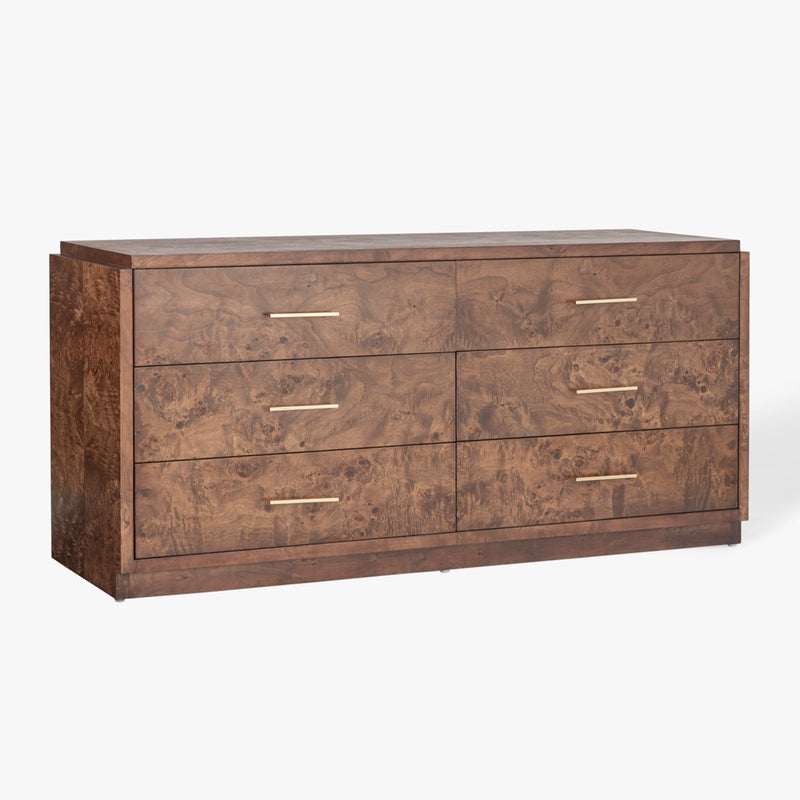 Wesley 6 Drawer Burl Dresser Dark Brown Angled View CH-1001692-IN02-FN-BD-DR-DB-OS