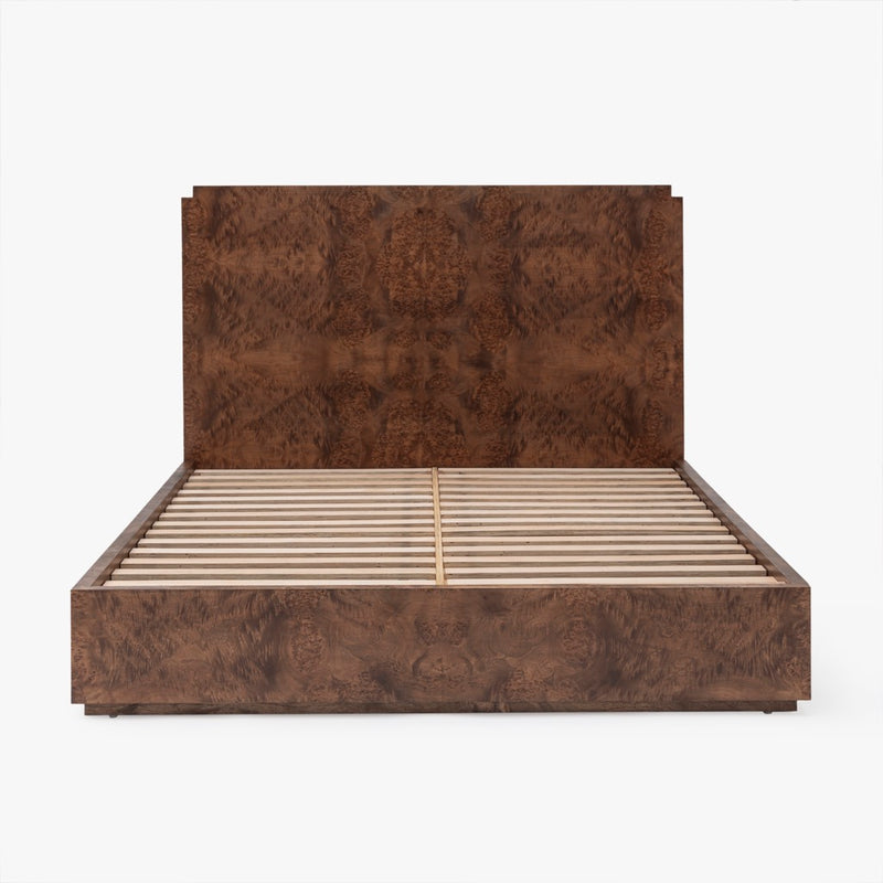 Wesley Burl Bed Dark Brown Front Facing View No Mattress CH-1002591-IN02-FN-BD-BD-DB-KG