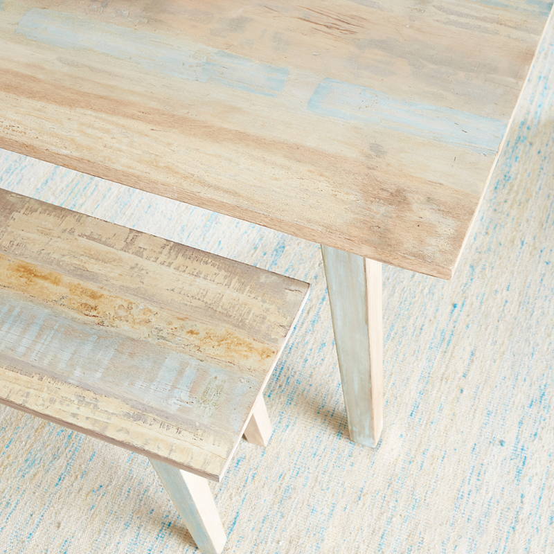 Ibiza Reclaimed Wood Dining Bench close up view with table