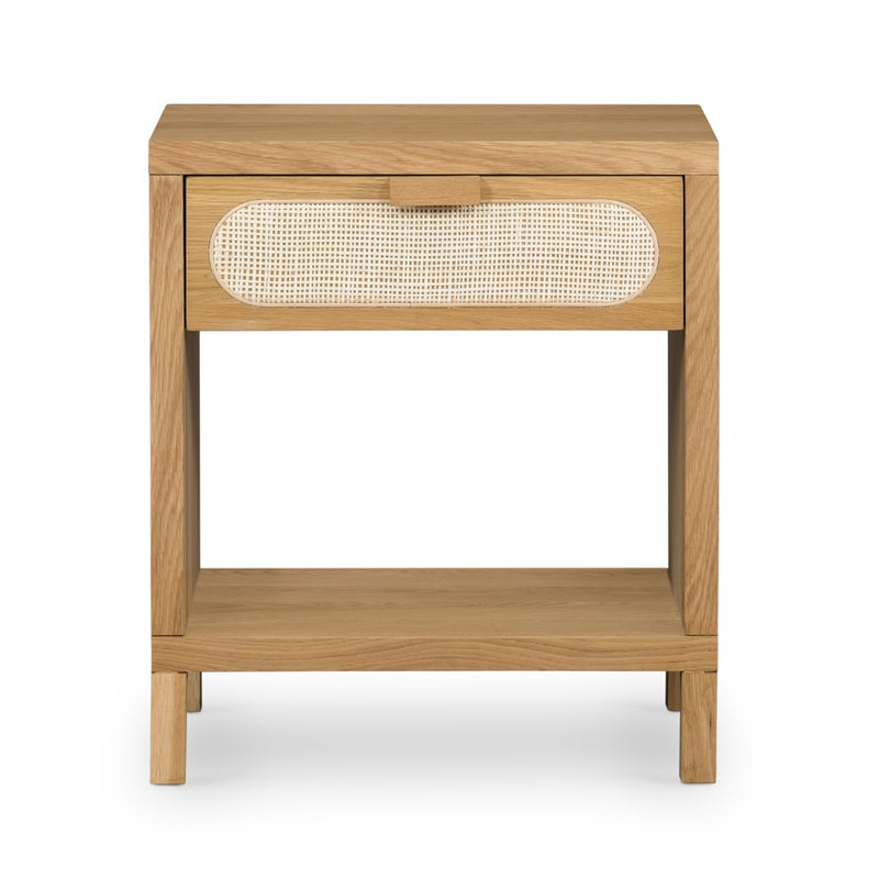 Four Hands Allegra Nightstand full view single drawer with wood-backed cane front