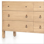 Isador 6 Drawer Dresser close up view of drawers with iron and leather hardware