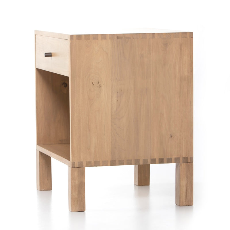 Isador Nightstand dry wash poplar angled view