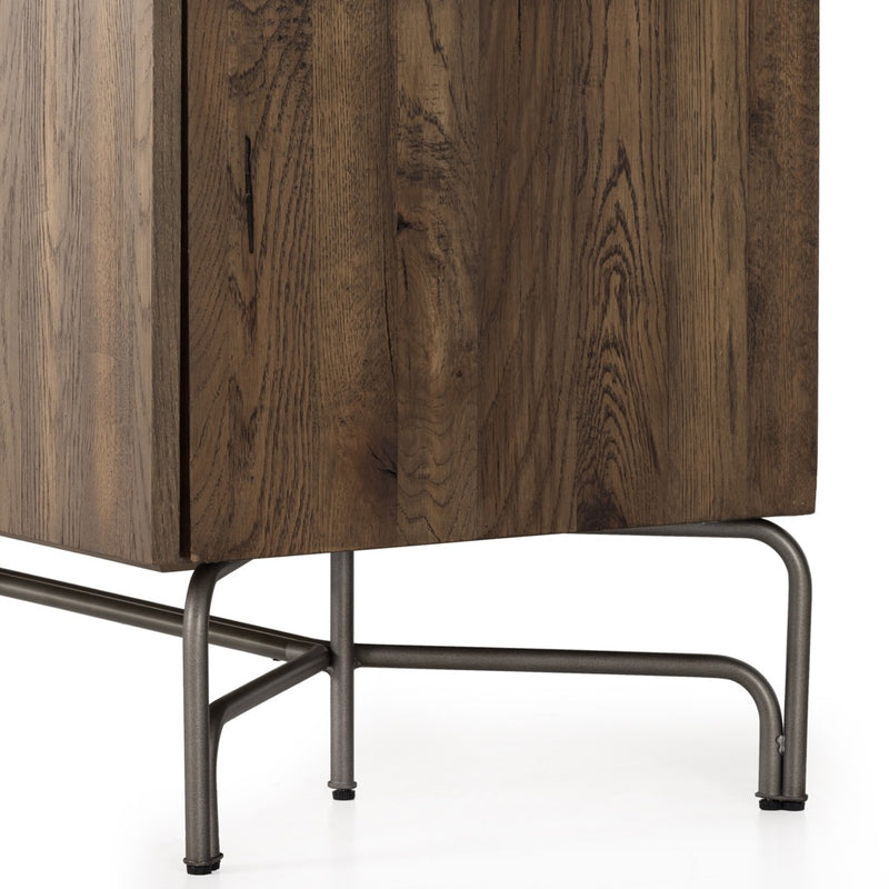 Marion Sideboard - Rustic Fawn Veneer close up view side and brushed gunmetal legs