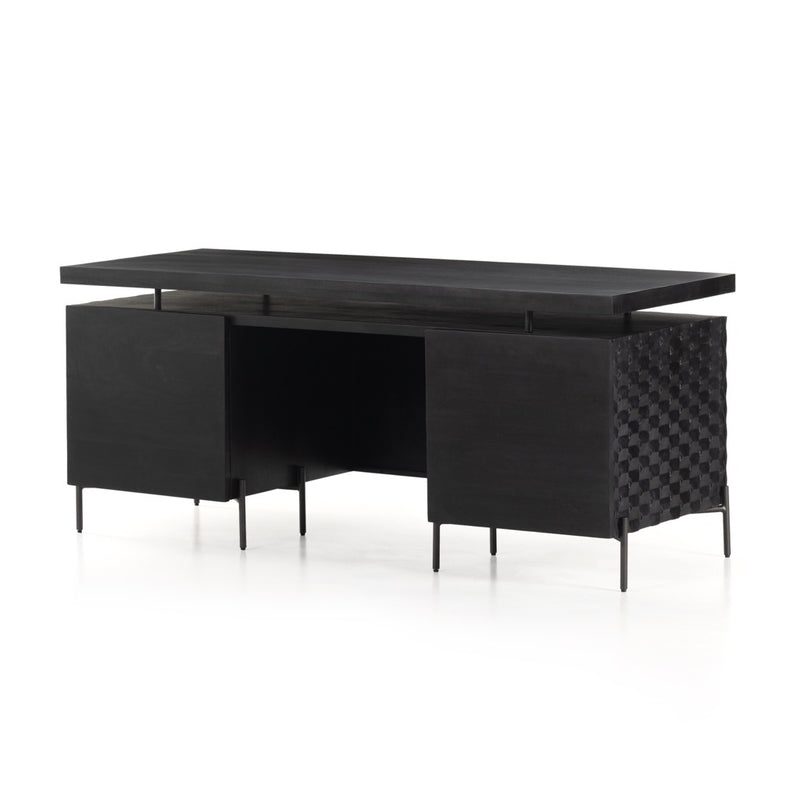 Raffael Desk Carved Black Wash Angled View Four Hands