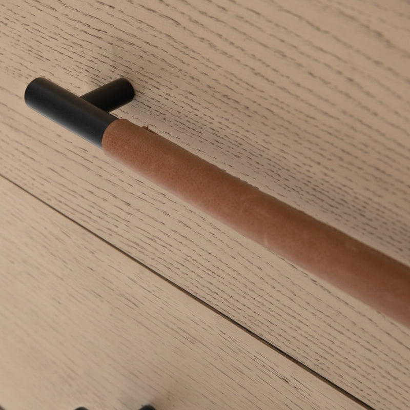 Rosedale Tall Dresser-Yucca Oak close up view drawer with hardware and tan top-grain leather