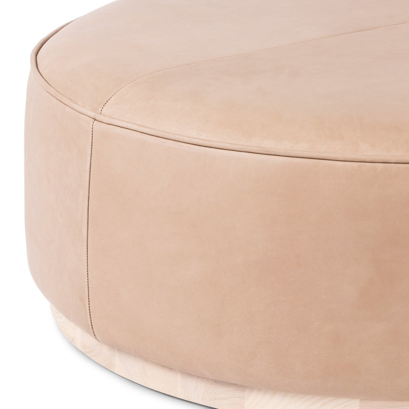 Sinclair Round Ottoman Burlap Top Grain Leather Edge Four Hands