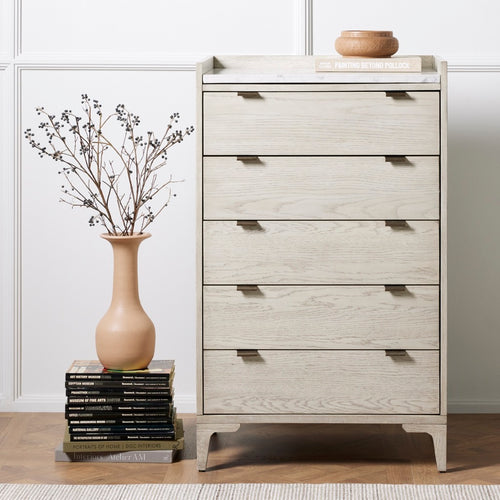 Four Hands Viggo Tall Dresser Vintage White Oak Staged Image with Decor Pieces